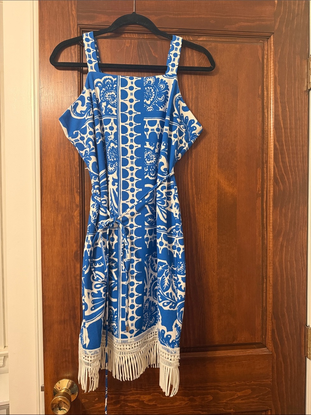Tahari ASL Blue and White Cold-Shoulder Fringe Midi Dress